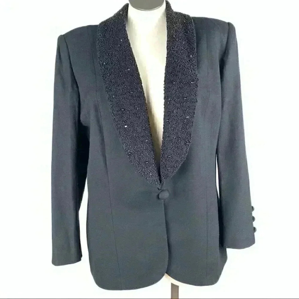 John Meyer Womens blazer size 18 W black beaded formal one button shawl collar
